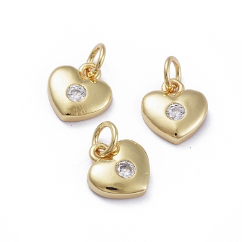 Brass Micro Pave Cubic Zirconia Pendants, with Jump Rings, Long-Lasting Plated, Heart, Clear, Golden, 10x9x2.5mm, Hole: 3.2mm