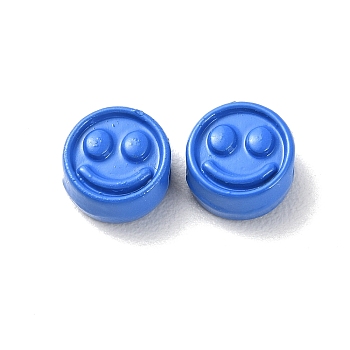 Spray Painted Alloy Beads, Flat Round with Smiling Face, Royal Blue, 7.5x4mm, Hole: 2mm