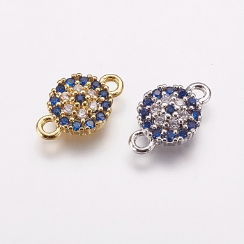 Brass Micro Pave Cubic Zirconia Links, Flat Round, Blue, Mixed Color, 13x8.5x2.5mm, Hole: 1.5mm