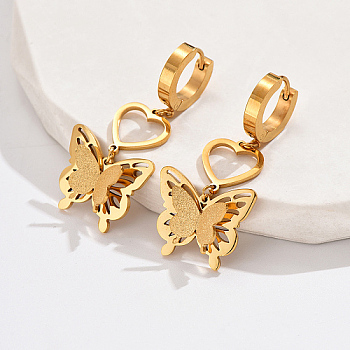 304 Stainless Steel Dangle Hoop Earrings, Heart with Butterfly, Real 18K Gold Plated, 40x20mm