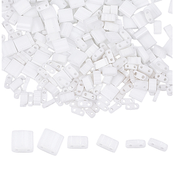 300Pcs 3 Styles 2-Hole Opaque Glass Seed Beads, Rectangle, White, 4.5~5x2~5.5x1~2.5mm, Hole: 0.5~0.8mm, 100pcs/style