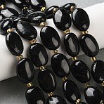 Natural Black Tourmaline Beads Strands, Flat Oval, with Seed Beads, 14x10x6mm, Hole: 1mm, about 24pcs/strand, 14.96''(38cm)(G-H005-A17-02)