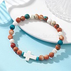 Dyed Synthetic Turquoise Beads & Synthetic Ocean White Jade Beads Stretch Bracelets for Women Men, Round & Cross, Beads: 6mm, Inner Diameter: 2.05 inch(5.2cm)(BJEW-JB13667)