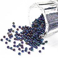 12/0 Grade A Round Glass Seed Beads, Metallic Colours Iris, Matte Style, Blue Plated, 12/0, 2x1.5mm, Hole: 0.8mm, about 30000pcs/bag(SEED-Q008-M604)