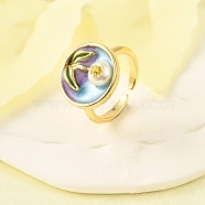 Brass Enamel Cuff Rings, with Natural Freshwater Pearl, Real 18K Gold Plated, Round with Flower, Purple, Inner Diameter: 16mm(RJEW-K291-02G-02)