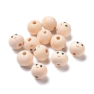 Printed Wood Beads, Round with Smiling Face Pattern, Undyed, Bisque, 12x11mm, Hole: 2.9mm, about 1000pcs/500g(WOOD-C001-02C)