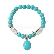 Synthetic Turquoise Beaded Bracelets, Bohemia Style Alloy Charms Stretch Bracelets for Women, Egg Pattern, 6-3/4 inch(17cm), 8mm(BOHO-PW0001-045G)