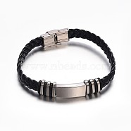 Jewelry Black Color PU Leather Cord Bracelets, with 304 Stainless Steel Findings and Watch Band Clasp, Rectangle, Stainless Steel Color, 220x10mm(BJEW-G467-14)