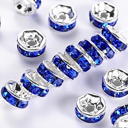 Brass Grade A Rhinestone Spacer Beads, Silver Color Plated, Nickel Free, Sapphire, 6x3mm, Hole: 1mm(RSB036NF-15)