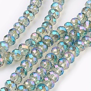Electroplate Glass Beads Strands, Full Rainbow Plated, Faceted, Rondelle, Turquoise, 6x4~5mm, Hole: 0.8~1mm, about 88~92pcs/strand, 15.5 inch~16 inch(39~45cm)(GLAA-K027-FR-A02)