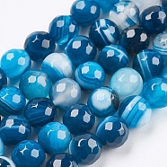 Natural Striped Agate/Banded Agate Beads Strands, Round, Faceted, Dyed, Dodger Blue, 6mm, Hole: 1mm, about 62pcs/strand, 14.5 inch(37cm)(G-P364-18-6mm)