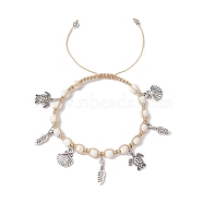 Feather & Turtle & Shell Shape Alloy Charm Bracelet, Synthetical Turquoise Braided Adjustable Bracelet, Floral White, Inner Diameter: 2-1/8~3-3/8 inch(5.5~8.55cm)(BJEW-TA00389-01)