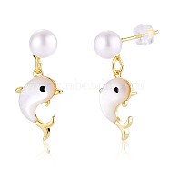 Natural Pearl with White Shell Dolphin Dangle Stud Earring, Brass Jewelry for Women, Golden, 24.5x10mm, Pin: 0.8mm(JE1004A)