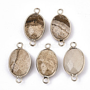 Natural Picture Jasper Links Connectors, with Light Gold Tone Brass Findings, Oval, Faceted, 27.5x14.5x6mm, Hole: 2mm(G-N326-44F)