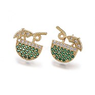Brass Studs Earrings, with Micro Pave Cubic Zirconia, Fruit Juice, Green & Clear, Golden, 15x14.5x2.3mm, Pin: 0.7mm(KK-I648-13G)