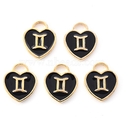 Light Gold Plated Alloy Enamel Pendants, Constellations, Black Heart, Gemini, 14x12x1.8mm, Hole: 4mm(ENAM-R136-30-14)