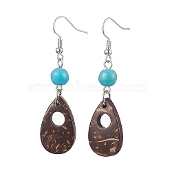 Teardrop Coconut & Synthetic Turquoise Dangle Earrings for Women, with Brass Earring Hooks, Coconut Brown, 58x15mm(EJEW-JE05892)