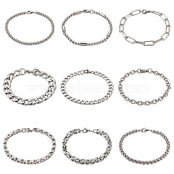 Unisex 304 Stainless Steel Chain Bracelets, Stainless Steel Color, 9pcs/set(BJEW-TA0001-05P)