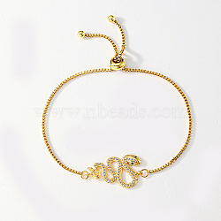 Link Brass Micro Pave Cubic Zirconia Slider Bracelets, Box Chain Bracelets for Women, Real 18K Gold Plated, Snake, Inner Diameter: 2-1/8~2-3/4 inch(5.5~7cm)(CY1858-1)