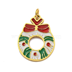 Christmas Theme Ion Plating(IP) 304 Stainless Steel Pendants, with Enamel and Jump Ring, Golden, Christmas Wreath, 17x12.5x1.5mm, Hole: 2.5mm(STAS-O005-01K-G)