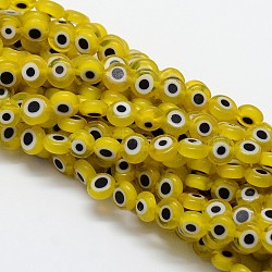 Handmade Evil Eye Lampwork Flat Round Bead Strands, Gold, 6x3mm, Hole: 1mm, about 65pcs/strand, 14 inch(LAMP-L058-6mm-01)