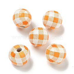 Printed Wood European Beads, Round with Tartan Pattern, Dark Orange, 15.5~16mm, Hole: 4~4.5mm(WOOD-G022-13L)