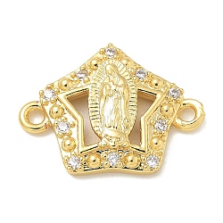 Rack Plating Brass Micro Pave Clear Cubic Zirconia Star with Virgin Mary Connector Charms, Long-Lasting Plated, Lead Free & Cadmium Free, Real 18K Gold Plated, 13x18x3mm, Hole: 1.6mm(KK-L224-096G)