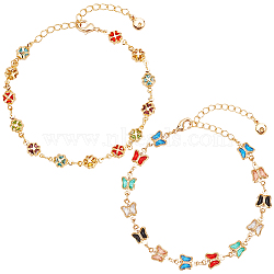 2Pcs 2 Style Colorful Acrylic Butterfly & Clover Link Chain Anklets Set, Brass Jewelry for Women, Golden, 6-3/4~6-7/8 inch(17.2~17.4cm), 1Pc/style(BJEW-AN0001-18)