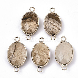 Natural Picture Jasper Links Connectors, with Light Gold Tone Brass Findings, Oval, Faceted, 27.5x14.5x6mm, Hole: 2mm(G-N326-44F)