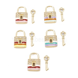 Brass Micro Pave Clear Cubic Zirconia Pendants, with Enamel, Long-Lasting, Lock & Key, Real 18K Gold Plated, Mixed Color, 18x11.5x3.5mm, Hole: 5.5x6mm, Key: 15x5.5x2mm, Hole: 0.8mm(KK-K255-19G)