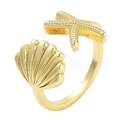 Brass Open Cuff Rings for Women, Real 18K Gold Plated, Shell Shape, Inner Diameter: 18mm(RJEW-Z072-02G-04)