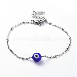 Handmade Lampwork Evil Eye Beads Beaded Bracelets, with 304 Stainless Steel Cable Chains and Lobster Claw Clasps, Blue, 6-7/8 inch(17.5cm), 1.5~2mm(BJEW-JB04462-02)