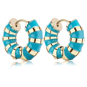 Enamel Striped Thick Hoop Earrings, Golden 316 Stainless Steel Jewelry for Women, Sky Blue, 18x20.5x6mm, Pin: 0.9mm