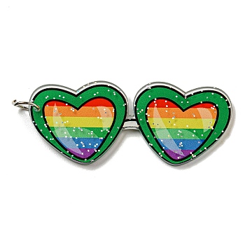 Double-Sided Printed Acrylic Big Pendants, with Iron Jump Ring and Glitter Powder, Heart Glasses with Rainbow Pattern, Green, 51x21.5x2mm, Hole: 5.5mm