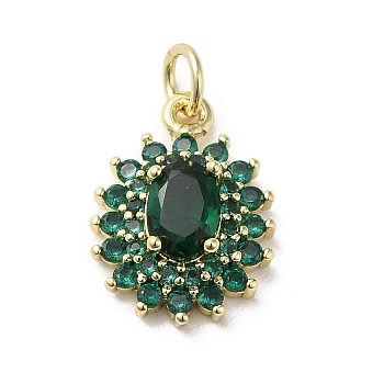 Brass Micro Pave Cubic Zirconia Pendants, with Glass, with Jump Ring, Real 18K Gold Plated, Flower, Green, 17x12.5x5mm, Hole: 3.2mm