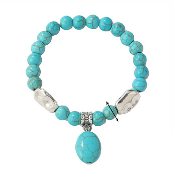 Synthetic Turquoise Beaded Bracelets, Bohemia Style Alloy Charms Stretch Bracelets for Women, Egg Pattern, 6-3/4 inch(17cm), 8mm
