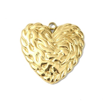 Ion Plating(IP) 304 Stainless Steel Pendants, Heart Charm, Textured, Real 18K Gold Plated, 22x22x3mm, Hole: 2mm