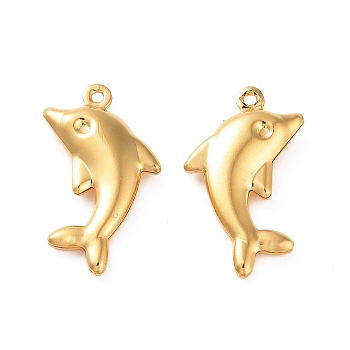 304 Stainless Steel Pendants, Dolphin Charm, Golden, 22x14x3mm, Hole: 1mm