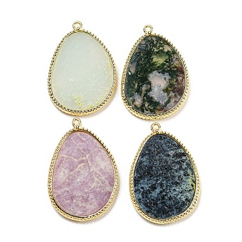 Natural Mixed Gemstone Pendants, Rack Plating Golden Plated Brass Teardrop Charms, 33.5~34x22.5x2.5mm, Hole: 1.6mm