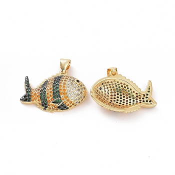 Brass Micro Pave Clear Cubic Zirconia Pendants, Fish, Green, 24x16.5x5mm, Hole: 3.5x5mm