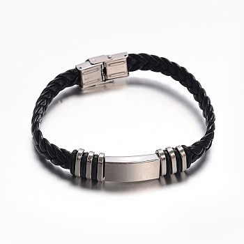 Jewelry Black Color PU Leather Cord Bracelets, with 304 Stainless Steel Findings and Watch Band Clasp, Rectangle, Stainless Steel Color, 220x10mm