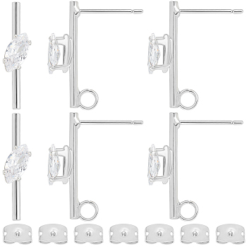 12Pcs Brass Cubic Zirconia Stud Earring Findings, with 12Pcs Ear Nuts, Bar with Horse Eye, Real Platinum Plated, 20x6mm, Hole: 2mm, Pin: 0.7mm