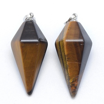 Natural Tiger Eye Pointed Pendants, with Brass Findings, Bullet, Platinum, 38.5x16x14.5mm, Hole: 5x8mm
