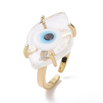 Lampwork Oval with Evil Eye Open Cuff Ring, Real 18K Gold Plated Brass Lucky Jewelry for Women, Lead Free & Cadmium Free, Clear, US Size 6 1/4(16.7mm)