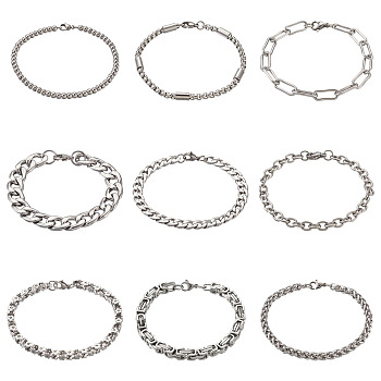 Unisex 304 Stainless Steel Chain Bracelets, Stainless Steel Color, 9pcs/set