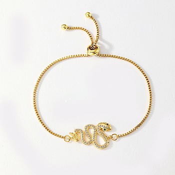 Link Brass Micro Pave Cubic Zirconia Slider Bracelets, Box Chain Bracelets for Women, Real 18K Gold Plated, Snake, Inner Diameter: 2-1/8~2-3/4 inch(5.5~7cm)