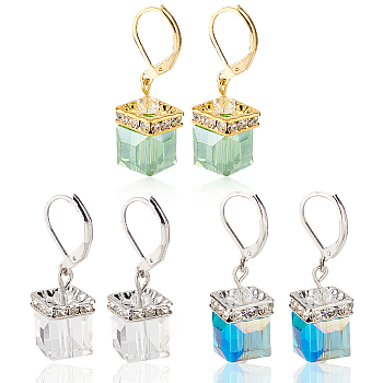 3 Pairs 3 Colors Bling Glass Cube Dangle Leverback Earrings, Iron Jewelry for Women, Mixed Color, 35mm, Pin: 1x0.8mm, 1 Pair/color