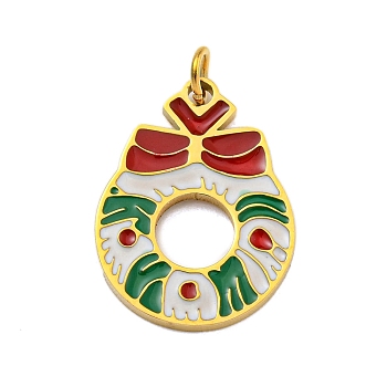 Christmas Theme Ion Plating(IP) 304 Stainless Steel Pendants, with Enamel and Jump Ring, Golden, Christmas Wreath, 17x12.5x1.5mm, Hole: 2.5mm
