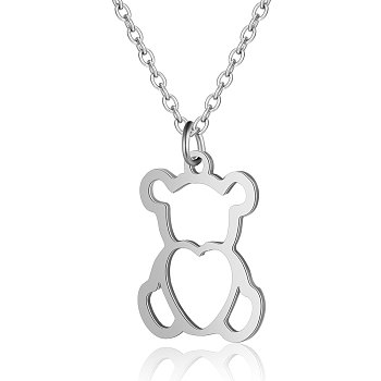 201 Stainless Steel Pendant Necklaces, with Cable Chains, Bear, Stainless Steel Color, 15.7 inch(40cm), 1.5mm, Bear: 18x14x1mm