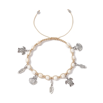 Feather & Turtle & Shell Shape Alloy Charm Bracelet, Synthetical Turquoise Braided Adjustable Bracelet, Floral White, Inner Diameter: 2-1/8~3-3/8 inch(5.5~8.55cm)